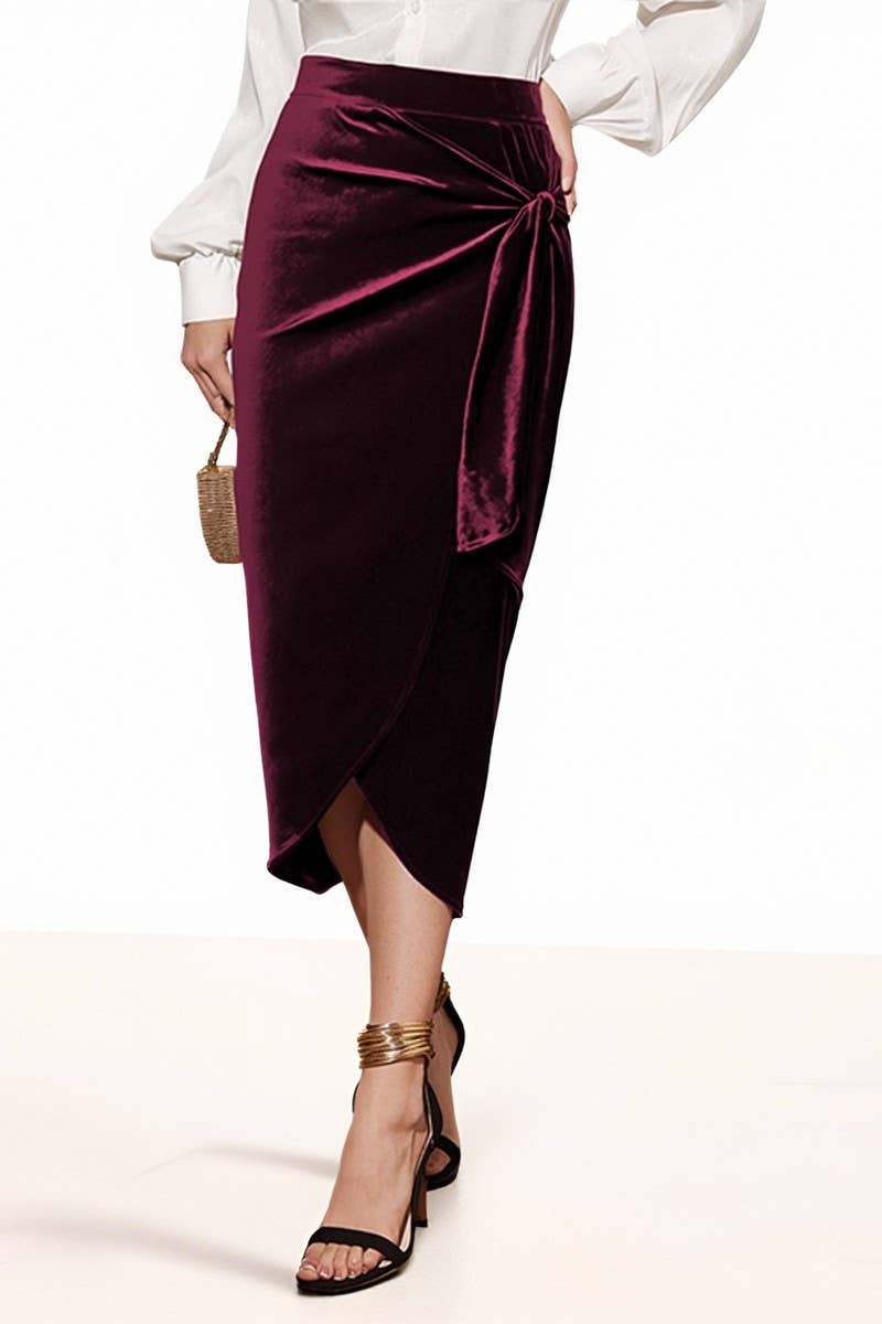 CWBMS00476_SOLID COLOR TWIST SLIT VELVET MIDI SKIRT