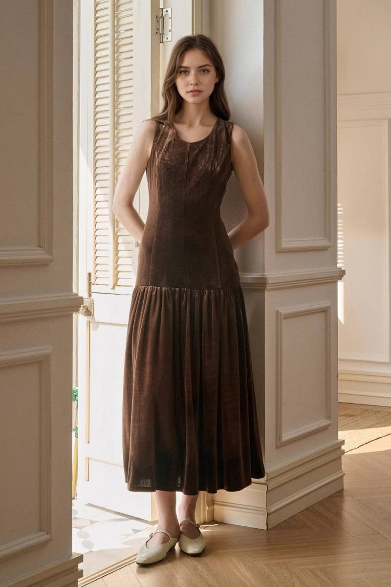 CWDMD6322_AUTUMN SOLID COLOR PLEATED SKIRT SLEEVELESS DRESS