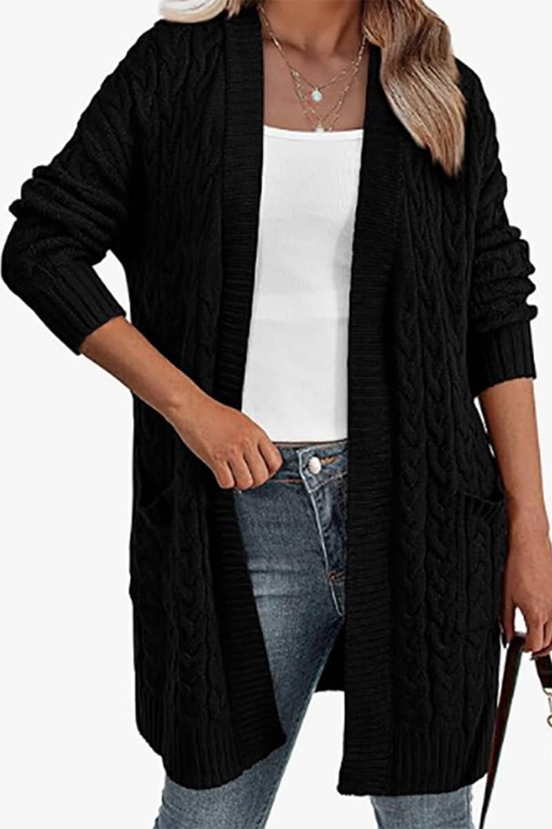 SOLID COLOR TWIST KNIT V-NECK CARDIGAN