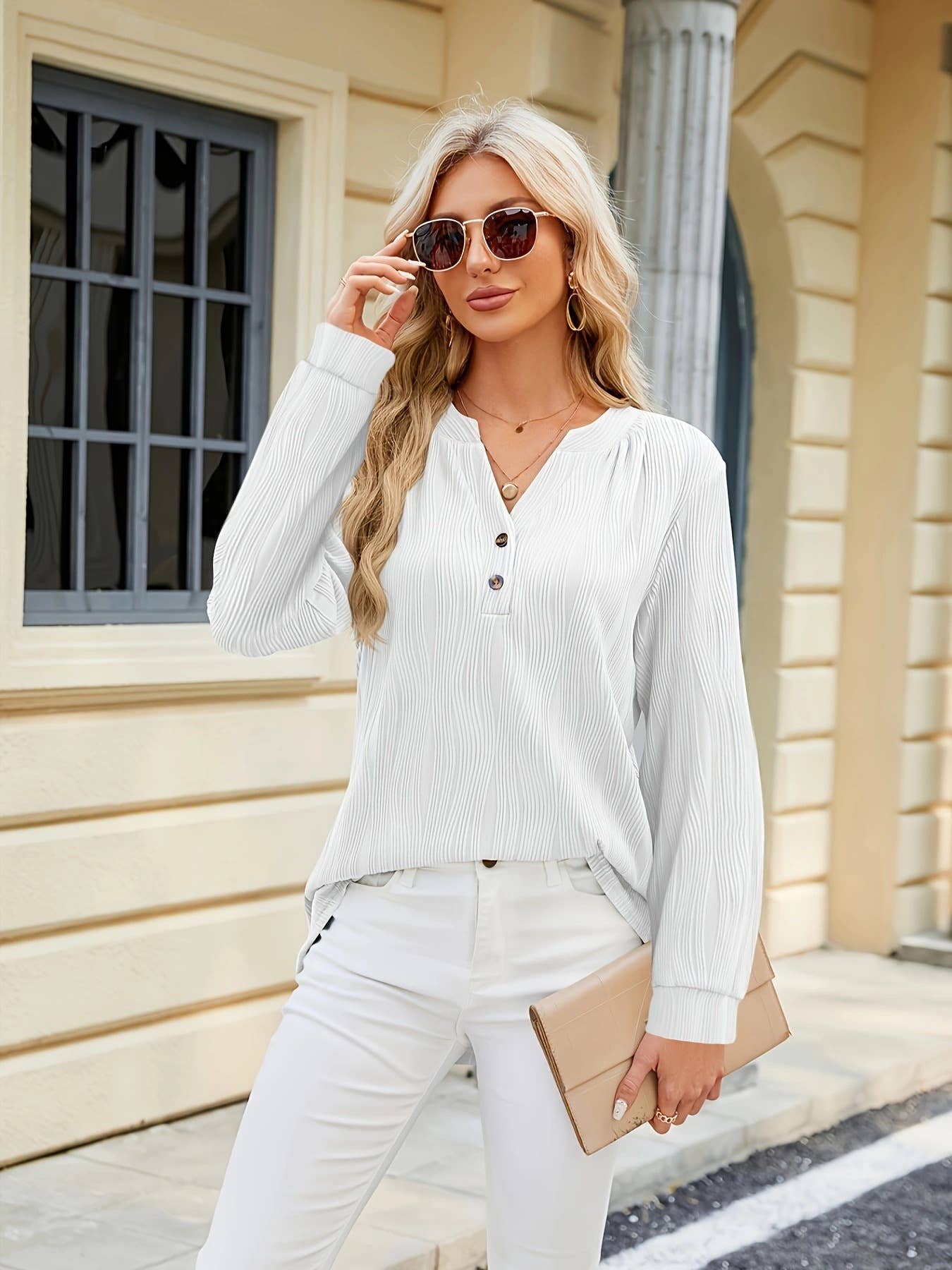 SOLID COLOR V-NECK HALF-CUT CASUAL PULLOVER TOP