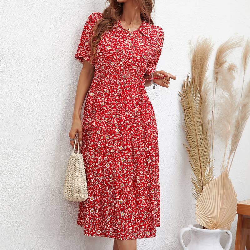 LAPEL FASHION PRINT SLIM SHORT-SLEEVED DRESS