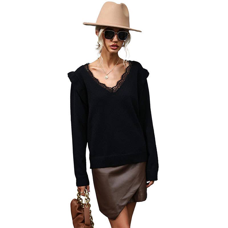 LACE LONG SLEEVE SOLID COLOR V-NECK SWEATER