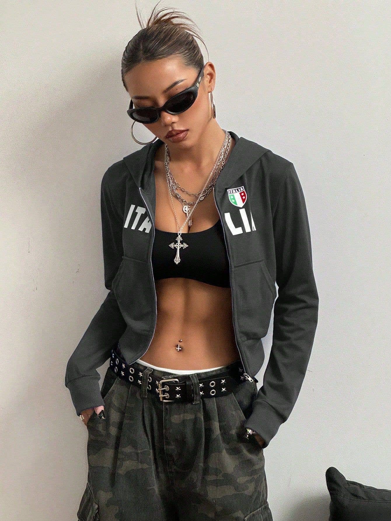 INS hooded zipper printed short hoodie jacket