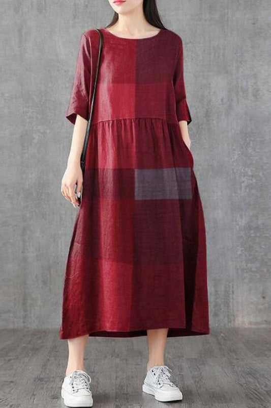 CWDMD3275_MUSLIM LOOSE PLAID PULLOVER DRESS