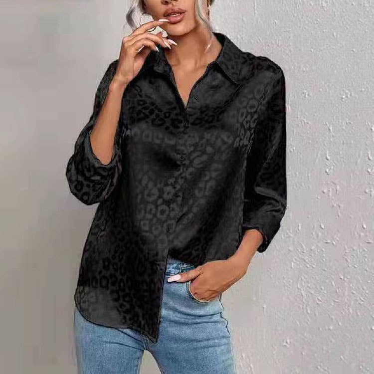 Satin long-sleeved jacquard leopard print shirt