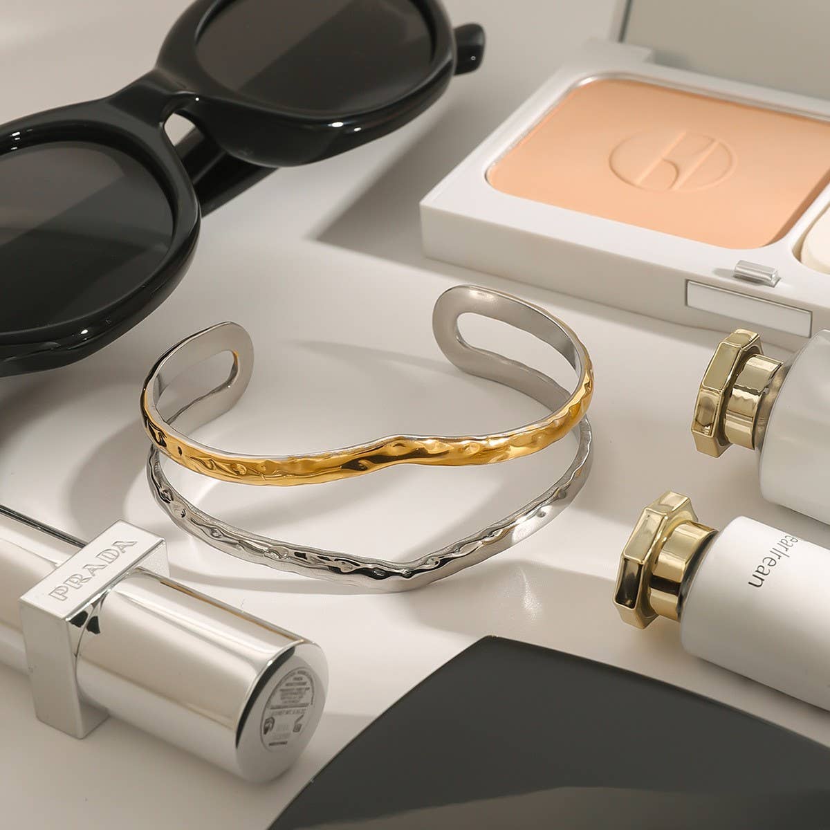 18K Gold Silver Hammered Double Layer Cuff_