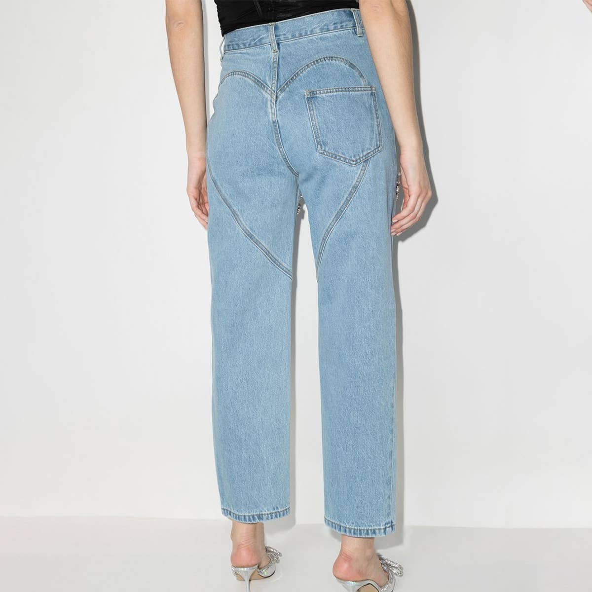 MID RISE STRAIGHT HOLLOW DIAMOND STUDDED JEANS