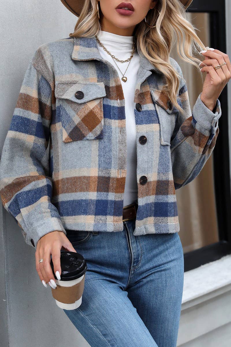 CWOCO1100_LAPEL LONG SLEEVE POCKET PLAID SHORT COAT