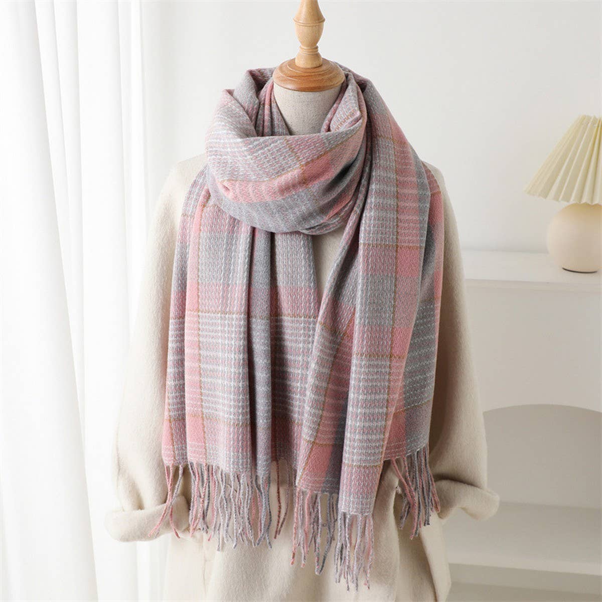 Plaid fringe scarf winter warm shawl_CWASC2778