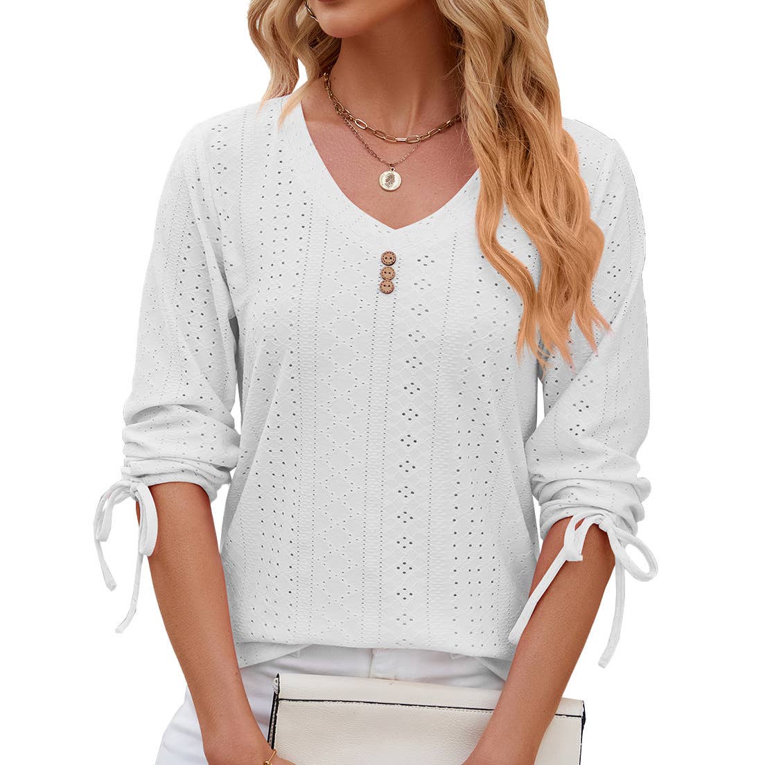 V-neck seven-point sleeved drawstring loose shirt
