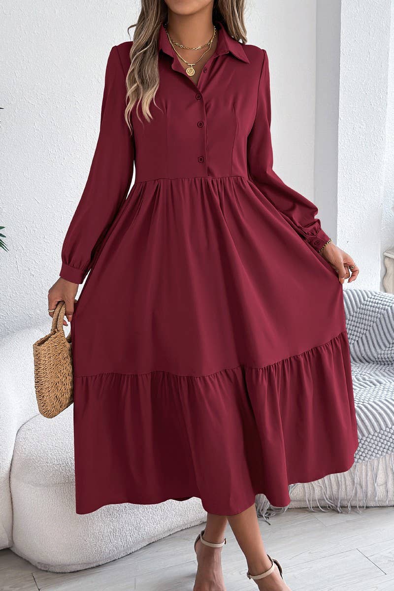 CWDMD6027_LOOSE FIT RUFFLE TRIM LONG SLEEVE SHIRT DRESS