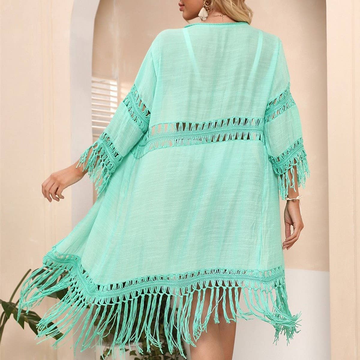 PANELED TASSEL LOOSE CARDIGAN BEACH COVER-UP_CWMM1238