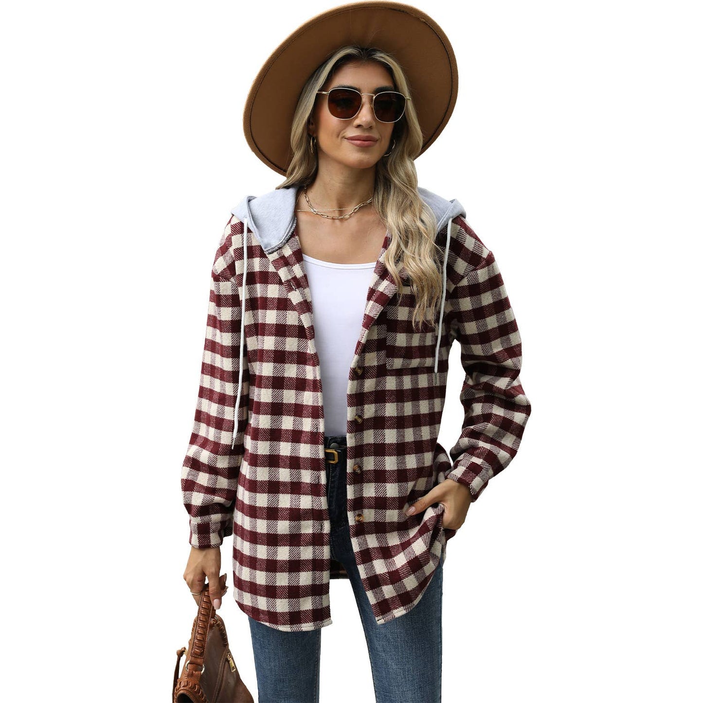 HOOD PLAID PATCHWORK SINGLE BREASTED WOOLEN COAT