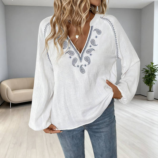 Ethnic-style V-neck embroidered pure cotton top