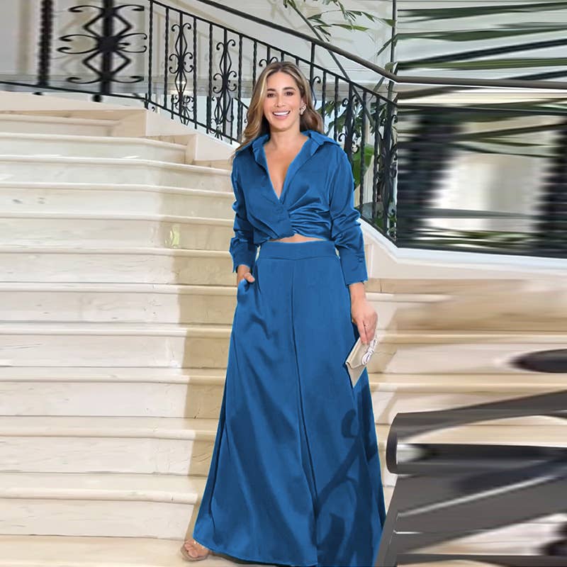 SEXY PLEATED LONG SLEEVE WIDE LEG PANTS SUIT