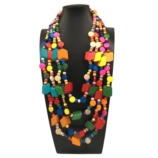 COLORFUL GEOMETRIC HANDMADE WOODEN BEAD NECKLACE