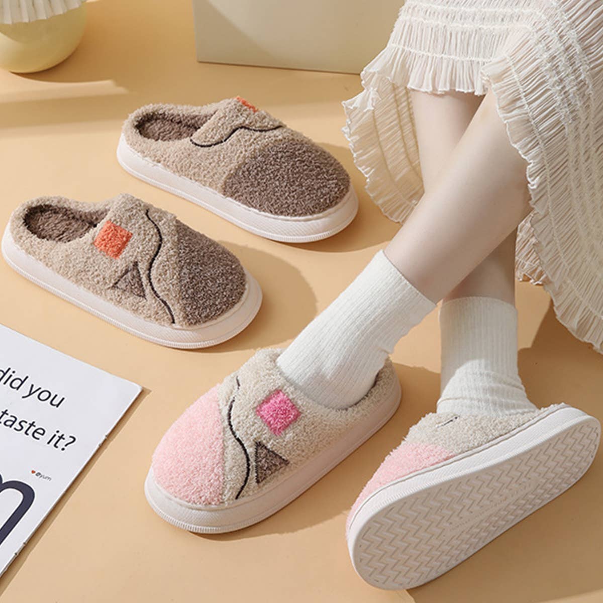 LEISURE NON-SLIP SPLICING COTTON SLIPPERS