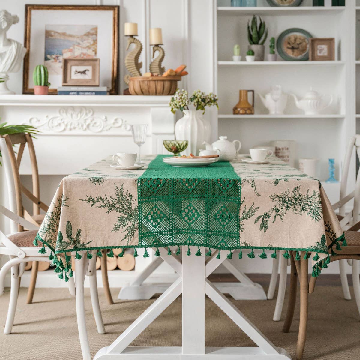 PINE BRANCH PRINT HOLLOW PATCHWORK TABLECLOTH_CWMM0968