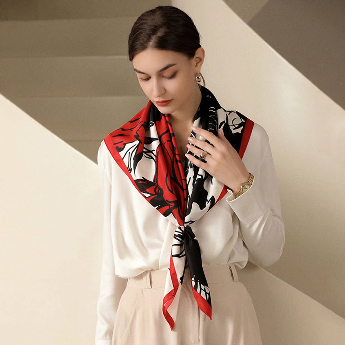 Floral Print Satin Scarf for Women, Large Square