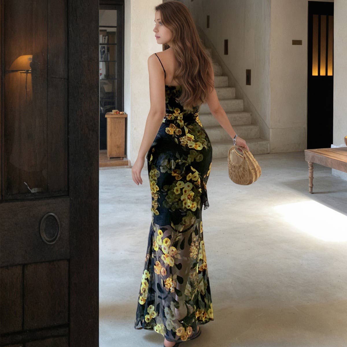 Tea break French printed ruffled halter dress