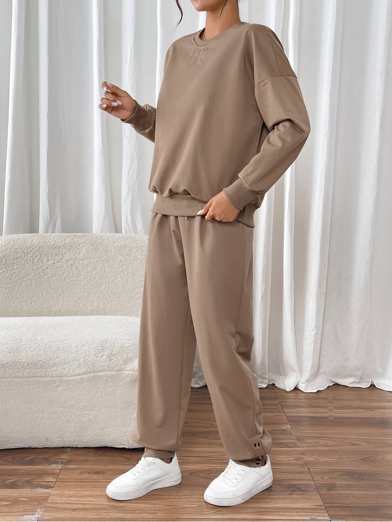 Solid color superior sense pullover hoodie pantsuit