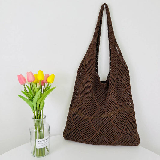 CWAB4575_SOLID KNIT HOLLOW WOVEN SHOULDER TOTE BAG