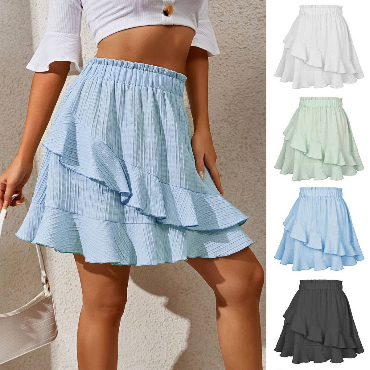 RUFFLED SKIRT HIGH WAIST SOLID COLOR SHORT SKIRT