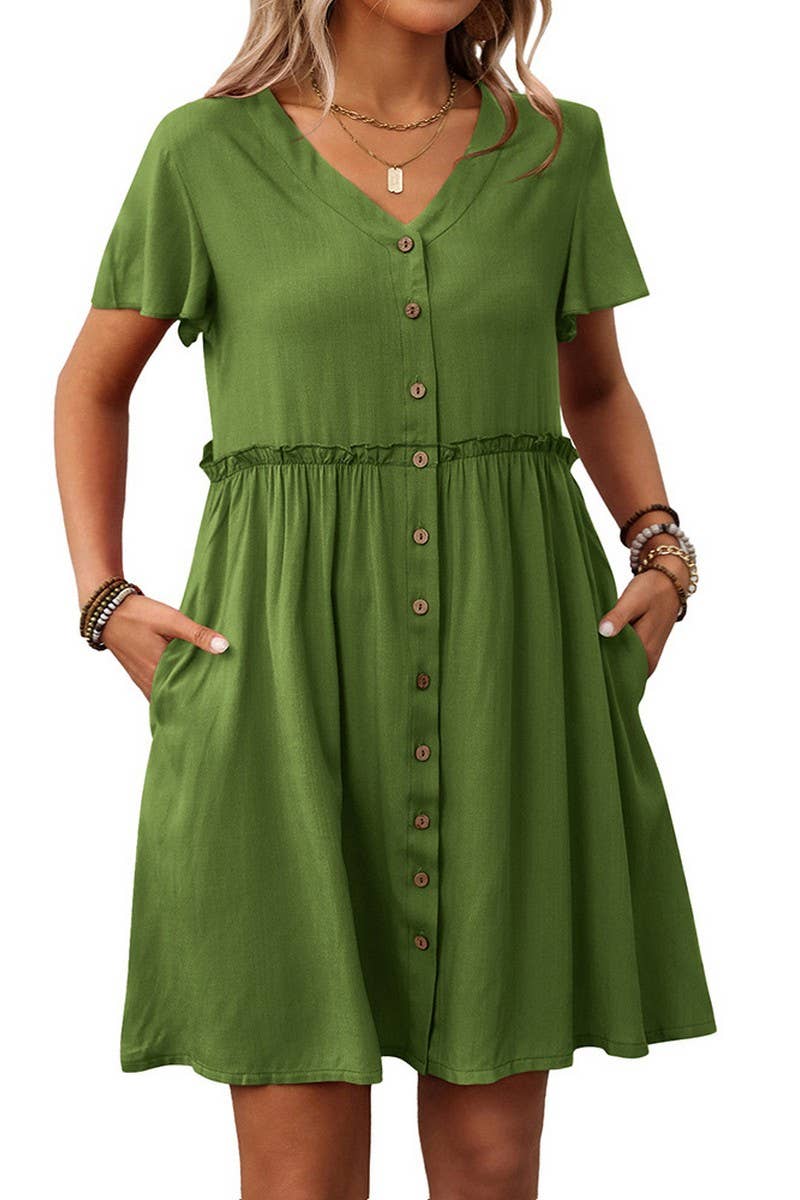 CWDSD7262_BOHEMIAN V-NECK SHORT-SLEEVED RUFFLE DRESS