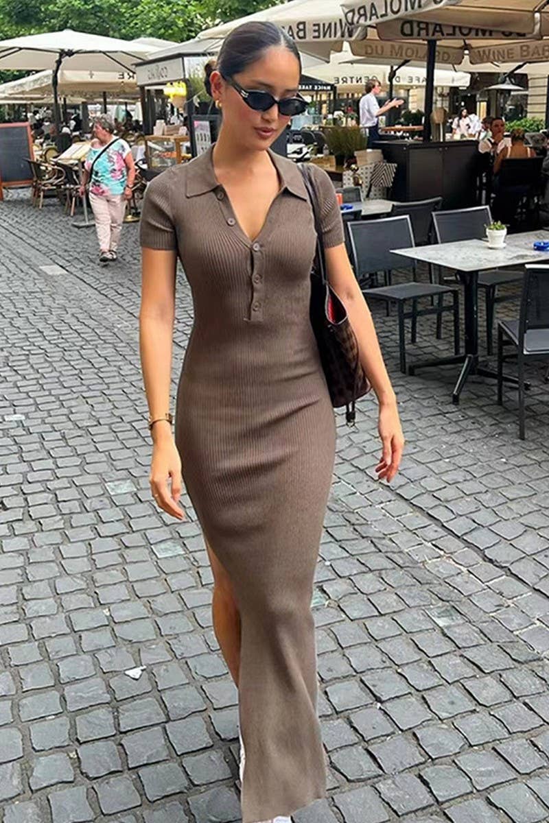 CWDMD4900_SOLID COLOR LAPEL SHORT SLEEVE SLIT DRESS