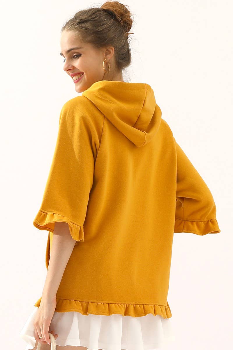 CWOHOL425_3/4 SLEEVE HOODIE SWEATSHIRT WITH KANGAROO POCKET