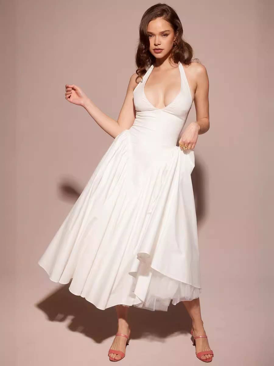 V-neck sexy halter pleated cinched-waist dress