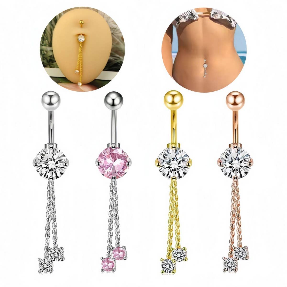 Long Chain CZ Belly Ring with Copper Piercing