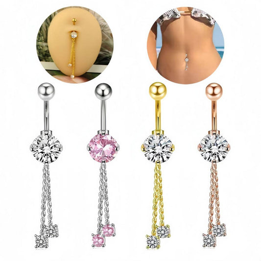 Long Chain CZ Belly Ring with Copper Piercing
