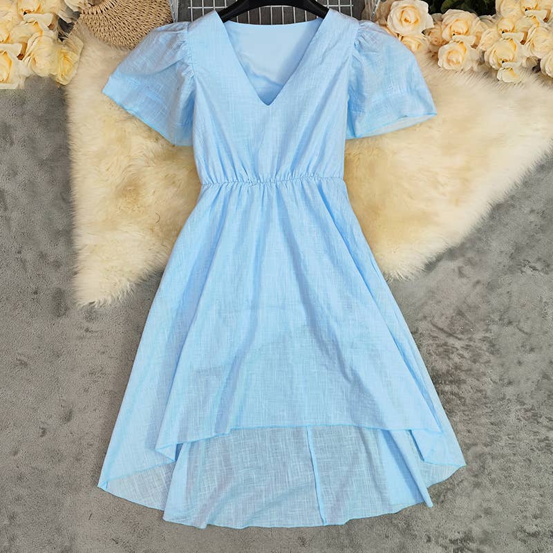 V-neck long cotton linen waist-cinching dress