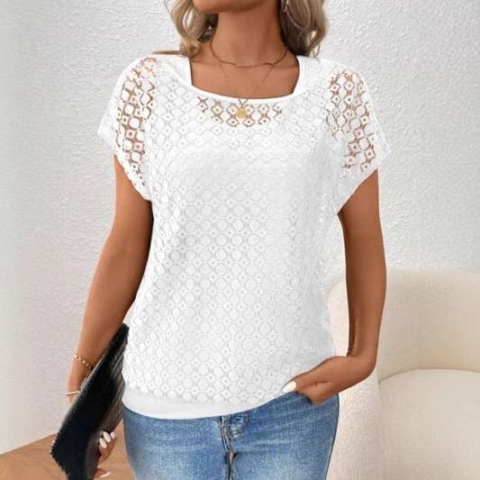 Lace crew neck T-shirt short sleeve two knitwear