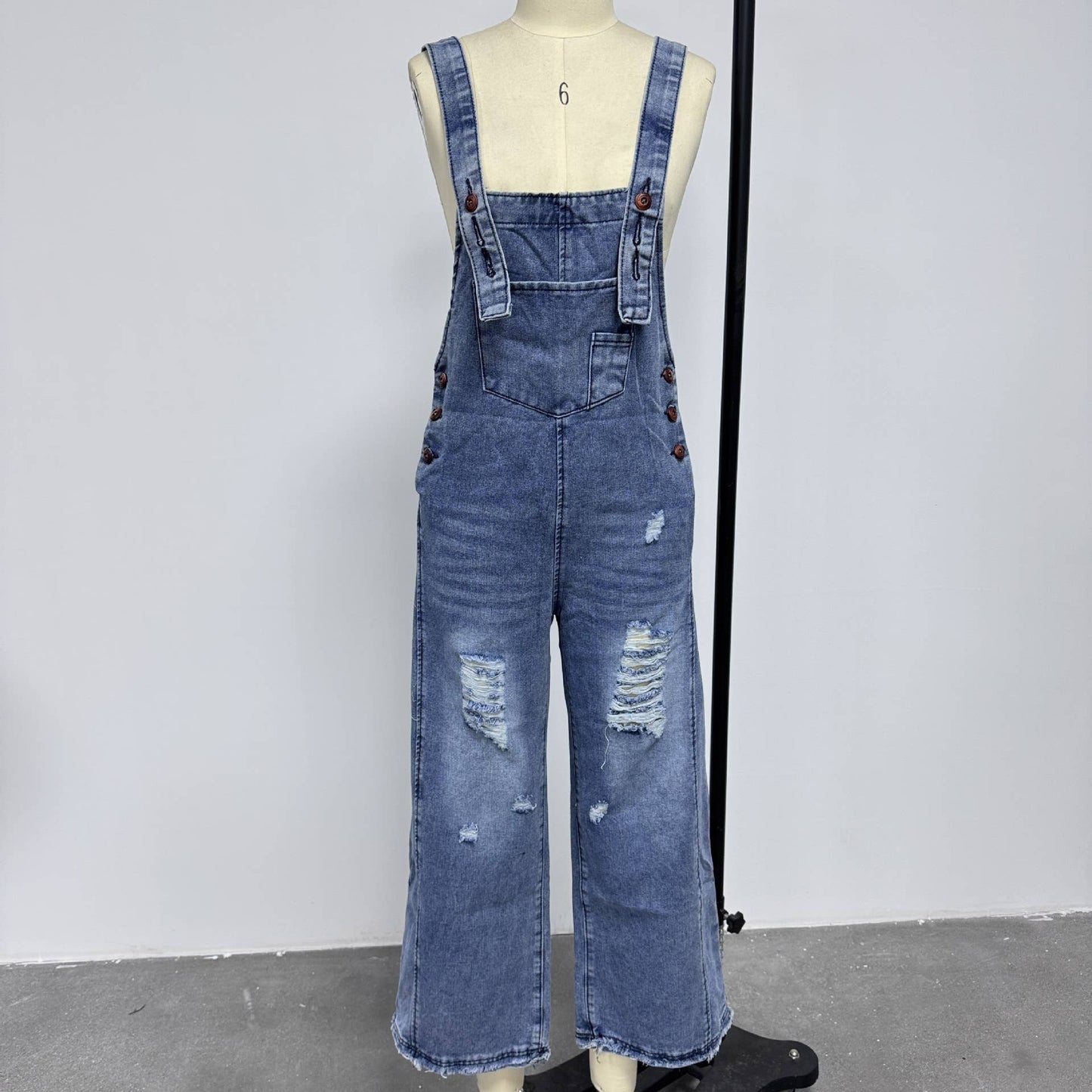 Retro distressed,ripped loose wide-leg overalls