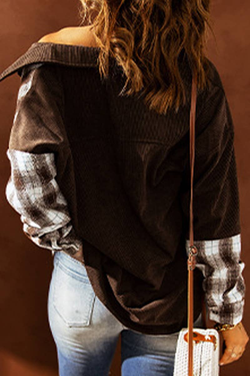 SINGLE BREASTED PLAID CORDUROY LONG SLEEVE SHIRT