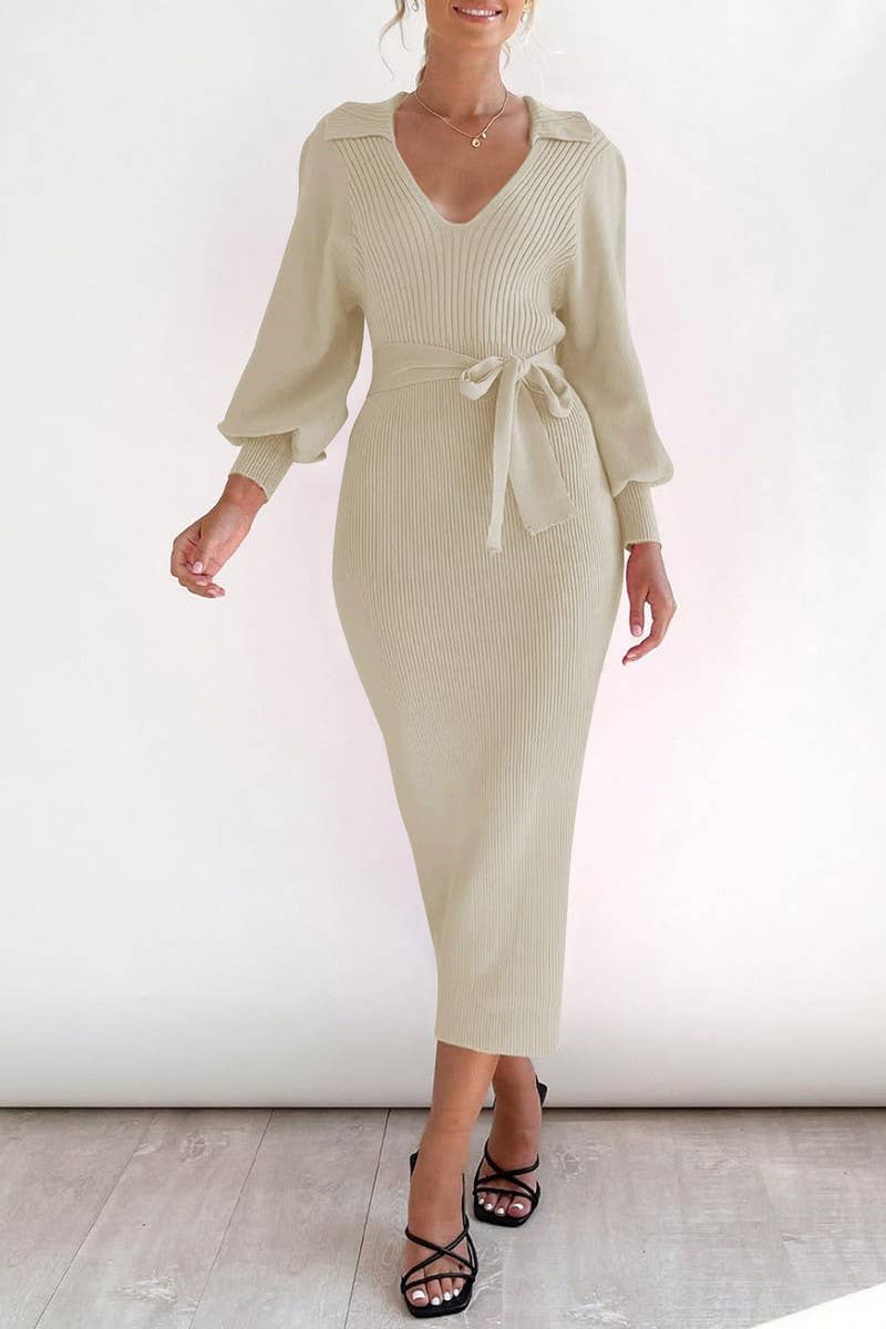 CWDMD01035_VINTAGE LANTERN SLEEVE V NECK KNIT SWEATER DRESS