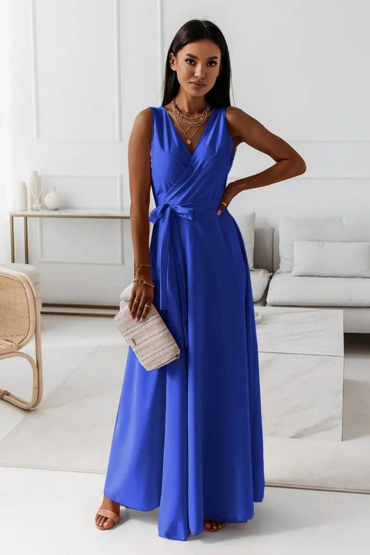 CWDMD4853_LACE-UP V-NECK LONG EVENING GOWN DRESS