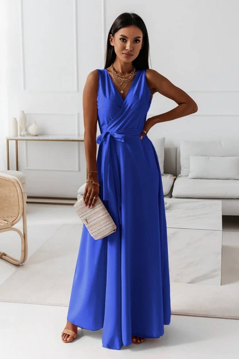 CWDMD4861_LACE-UP V-NECK EVENING GOWN LONG DRESS