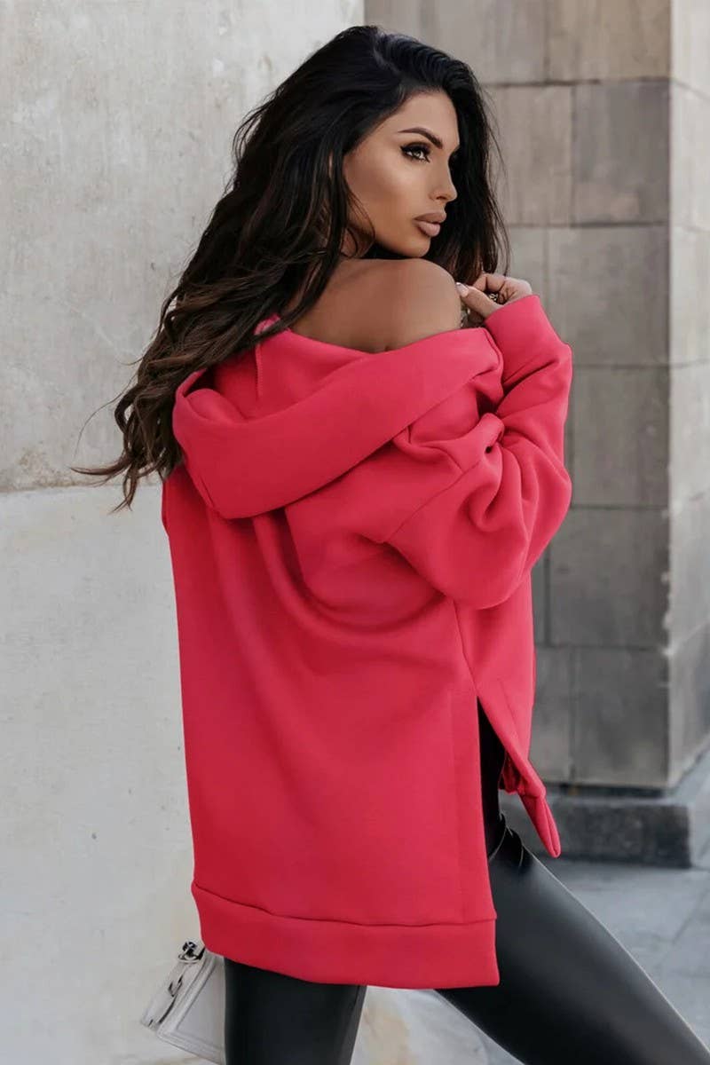 CWOCO0934_SOLID COLOR ZIPPER HOODED CARDIGAN SWEATSHIRT