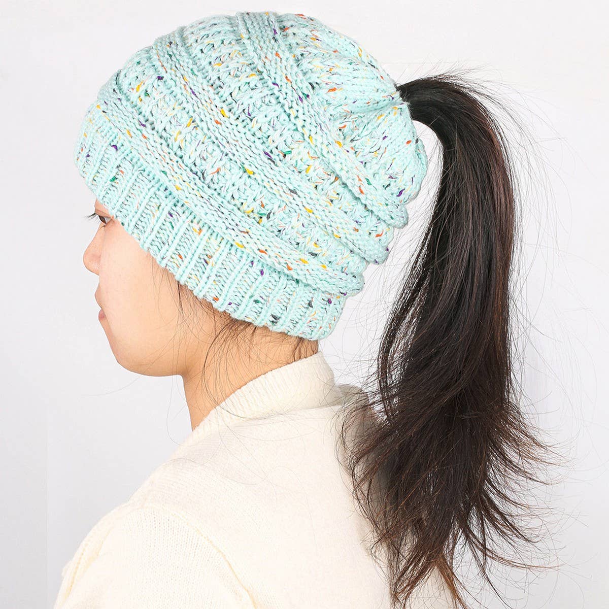 CWAHA07209_WINTER PONYTAIL HAT FASHIONABLE CABLE BEANIE