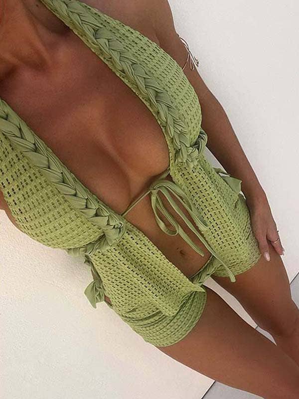 Knitted hollowed-out bikini top short skirt set