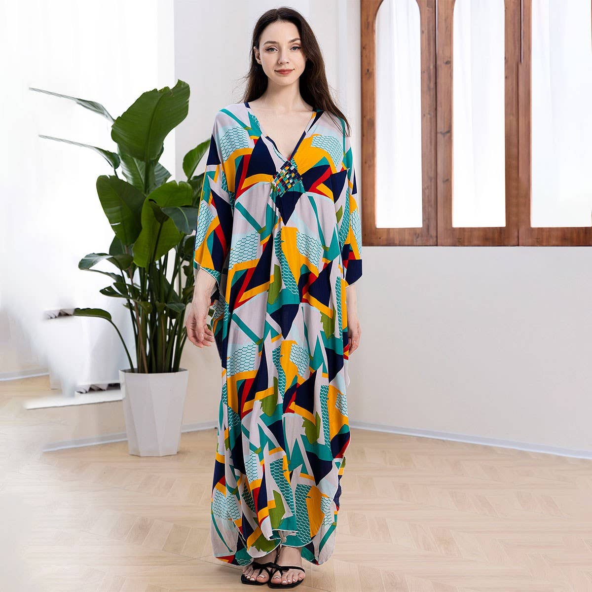 Cotton Print Geometric Beach Cover-Up Dress