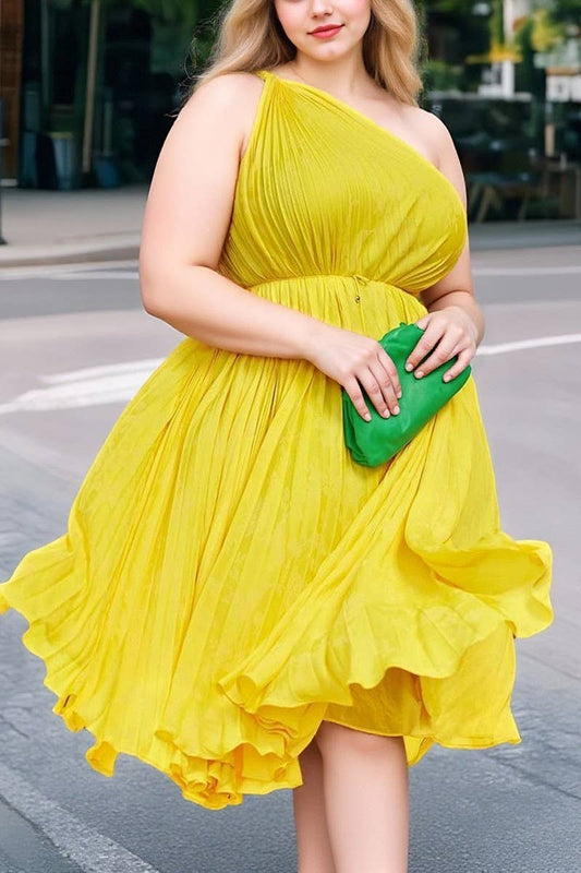 CWDSD10889_2023 SUMMER PLUS SIZE ONE SHOULDER PLEATED DRESS