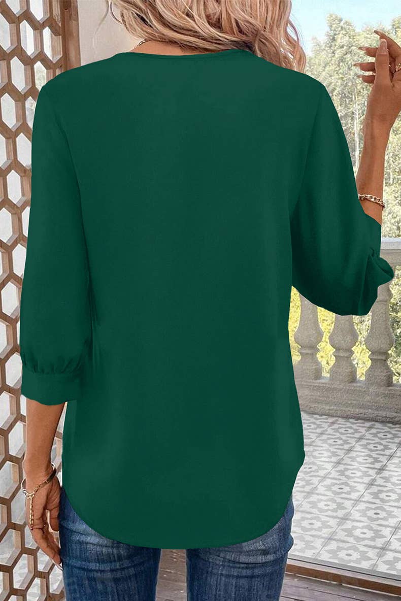 SEVEN-POINT SLEEVE SOLID COLOR V-NECK CHIFFON TOP