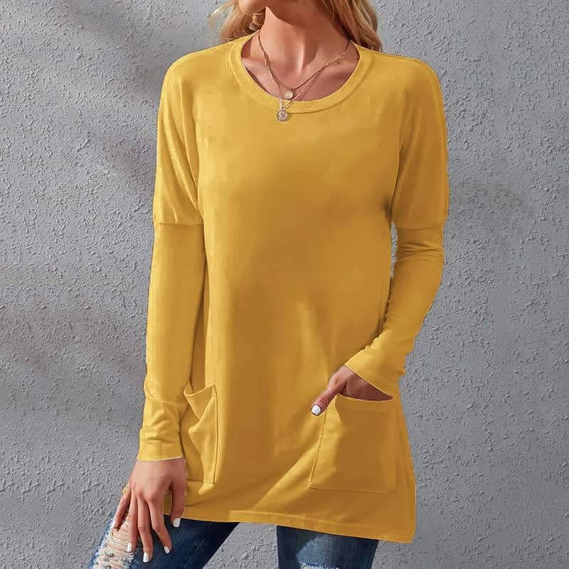 Solid-color loose round-neck pocket T-shirt