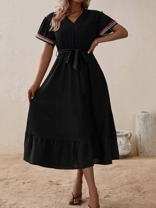 V-neck short sleeve lace-up mid-length dress