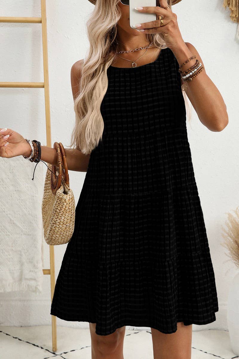 CWDSD8675_SLEEVELESS PLAID LOOSE FIT FLOWY DRESS
