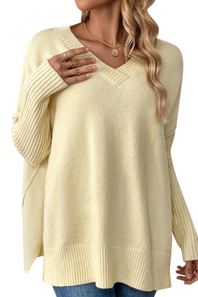 CWOCAL0805_V-NECK LOOSE STITCHING LONG-SLEEVED SWEATER